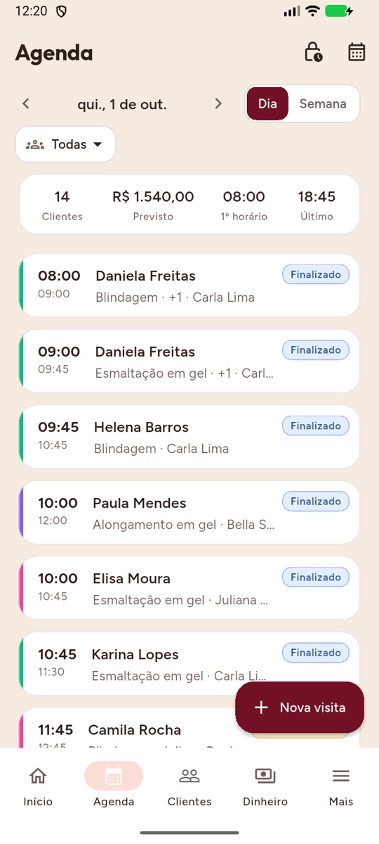 Tela Agenda do dia com clientes, horários, serviços, profissionais e a situação de cada visita