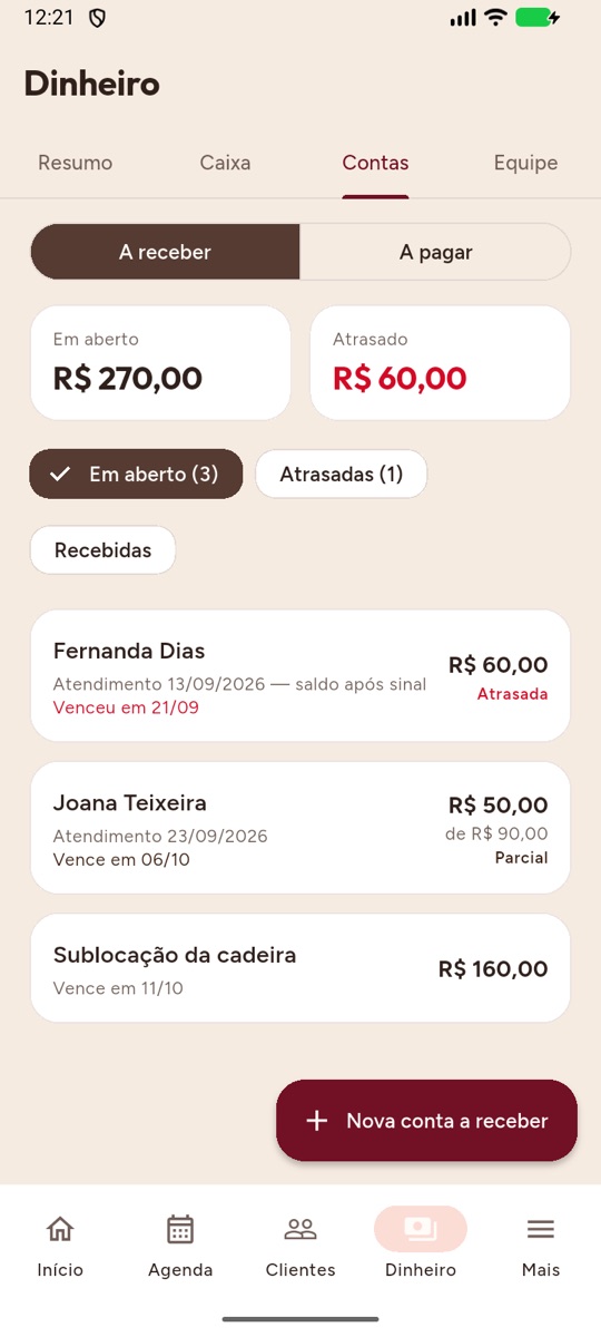 Tela de contas a receber com os valores em aberto e atrasados